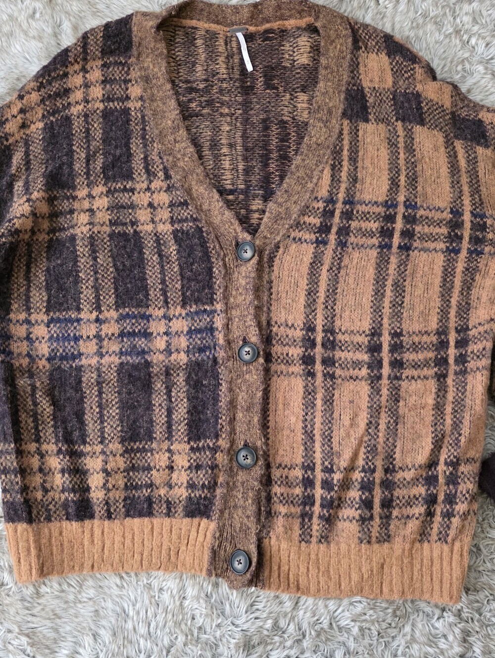 Free People Sepia Plaid Cardigan Brown Half And Half Women's Size Medium - Picture 3 of 11